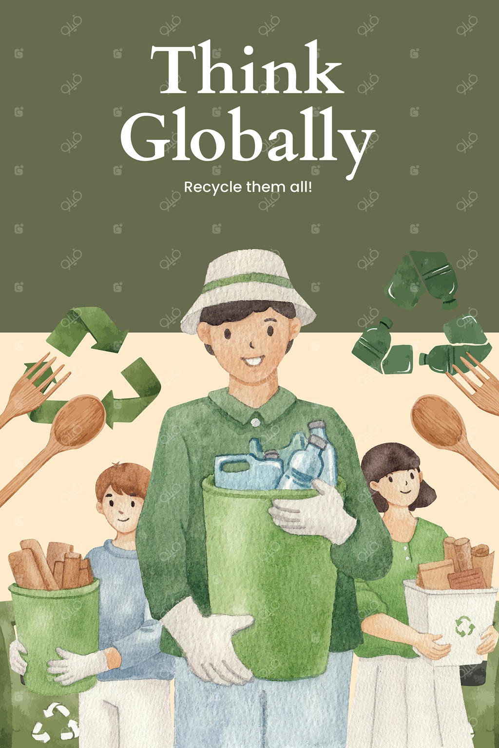 قالب پینترست با طرح مفهومی بازیافت جهانی به سبک آبرنگ