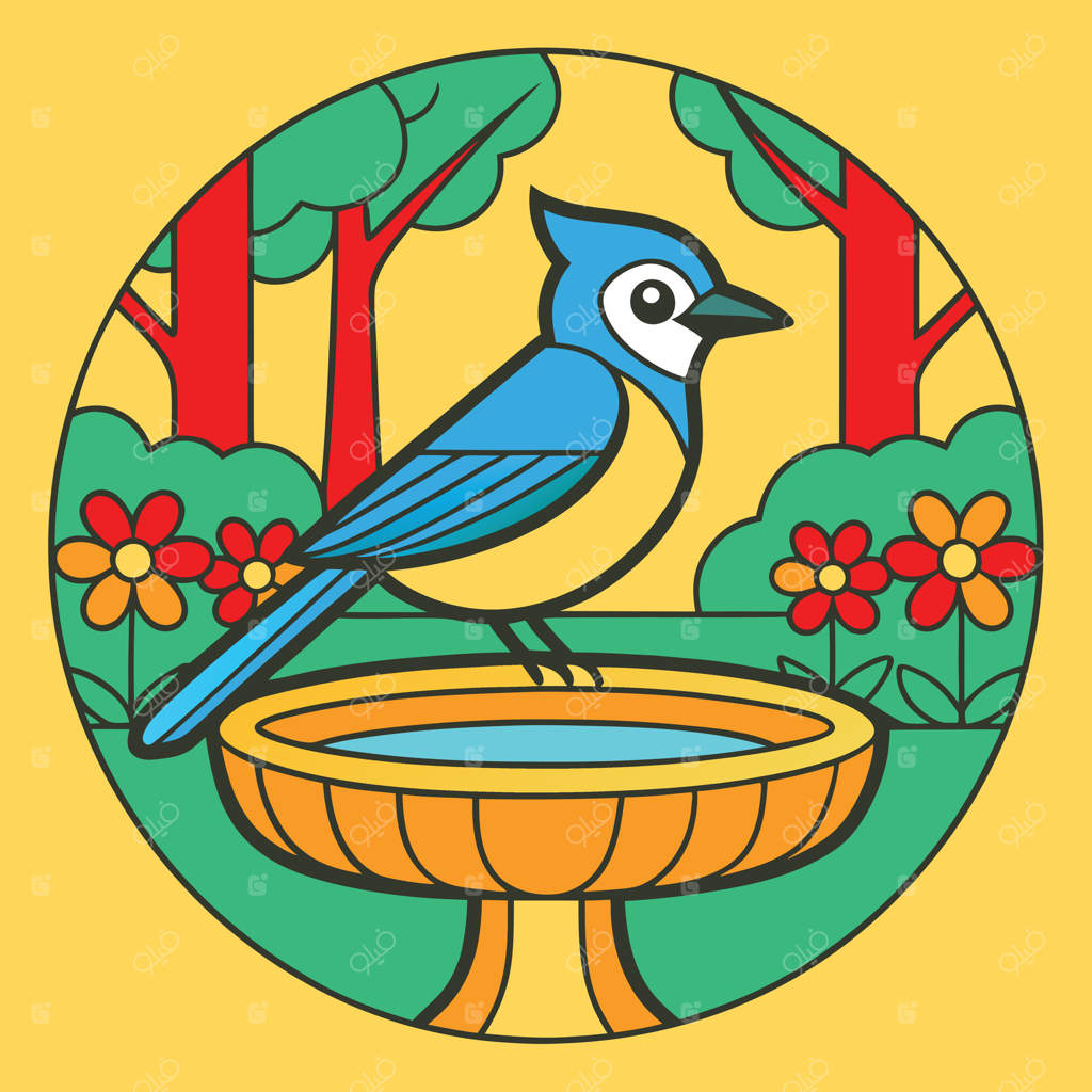 صحنه‌ای از آبتنی پرنده‌های آبی در باغ: گل‌های تابستانی، درختان و پرندگان