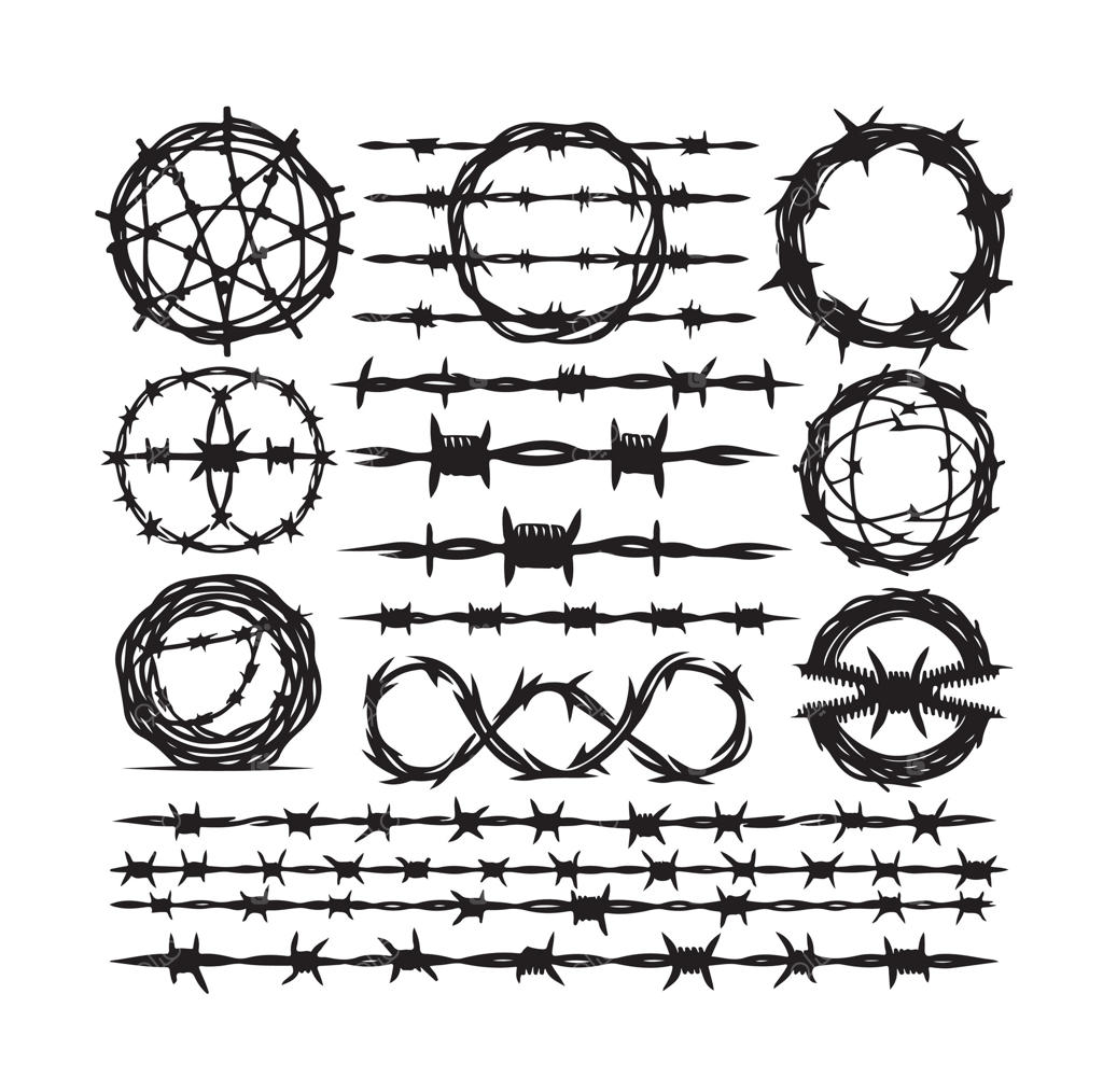 سیم خاردار با پس‌زمینه سفید. طراحی مدرن و مینیمال از سیم تیغ‌دار. مجموعه‌ای از نرده‌های خشن زندان. مناسب برای طراحی وب