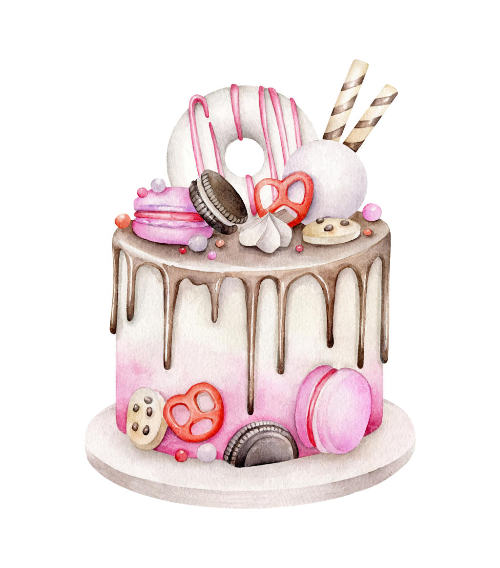 کیک تولد با آبرنگ روی زمینه سفید