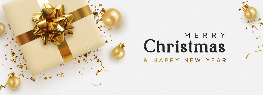بنر تعطیلات: کریسمس مبارک و سال نو فرخنده. طراحی کریسمس با المان‌های واقعی، جعبه هدیه بژ، توپ‌های طلایی، آذین ستاره‌، کاغذ پاش طلایی. پوستر افقی جشن، نمای بالا