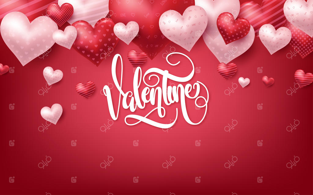 پس‌زمینه صورتی ولنتاین با قلب‌های سه‌بعدی روی زمینه قرمز