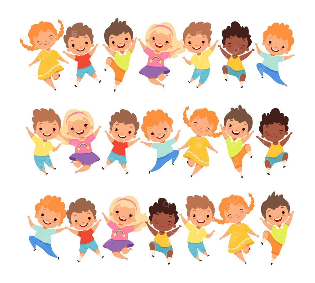 تصویرسازی گروه کودکان در حال پریدن؛ دختر و پسرهای کارتونی خردسال با چهره‌های خندان و ژست‌های شاد