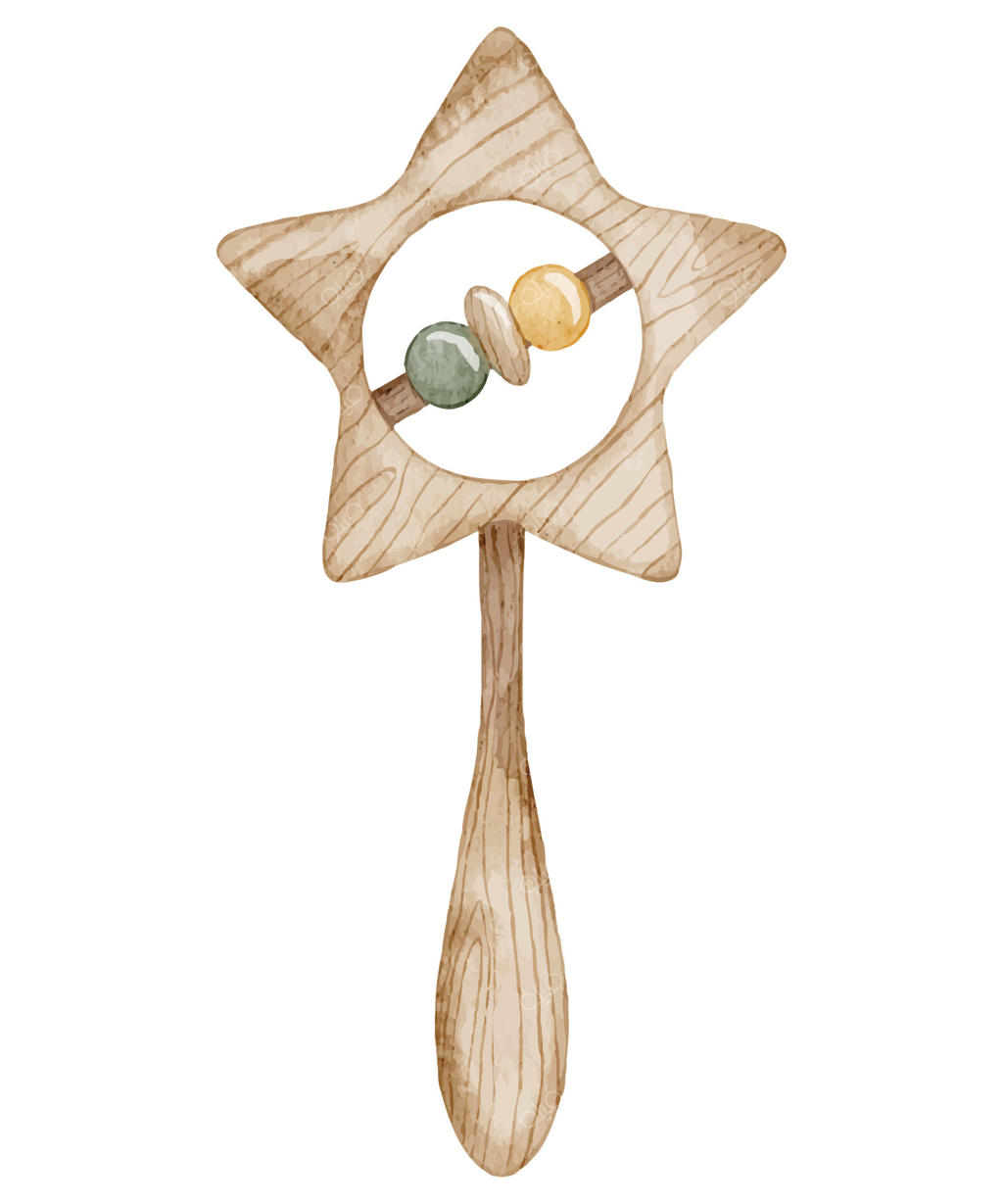 تصویر آبرنگی از جغجغه چوبی کودک با قاب ستاره‌ای و مهره‌ها. طراحی اسباب‌بازی دوستدار محیط زیست برای دعوتنامه‌های جشن سیسمونی یا کارت تبریک تولد نوزاد. هنر طراحی برای کودکان.