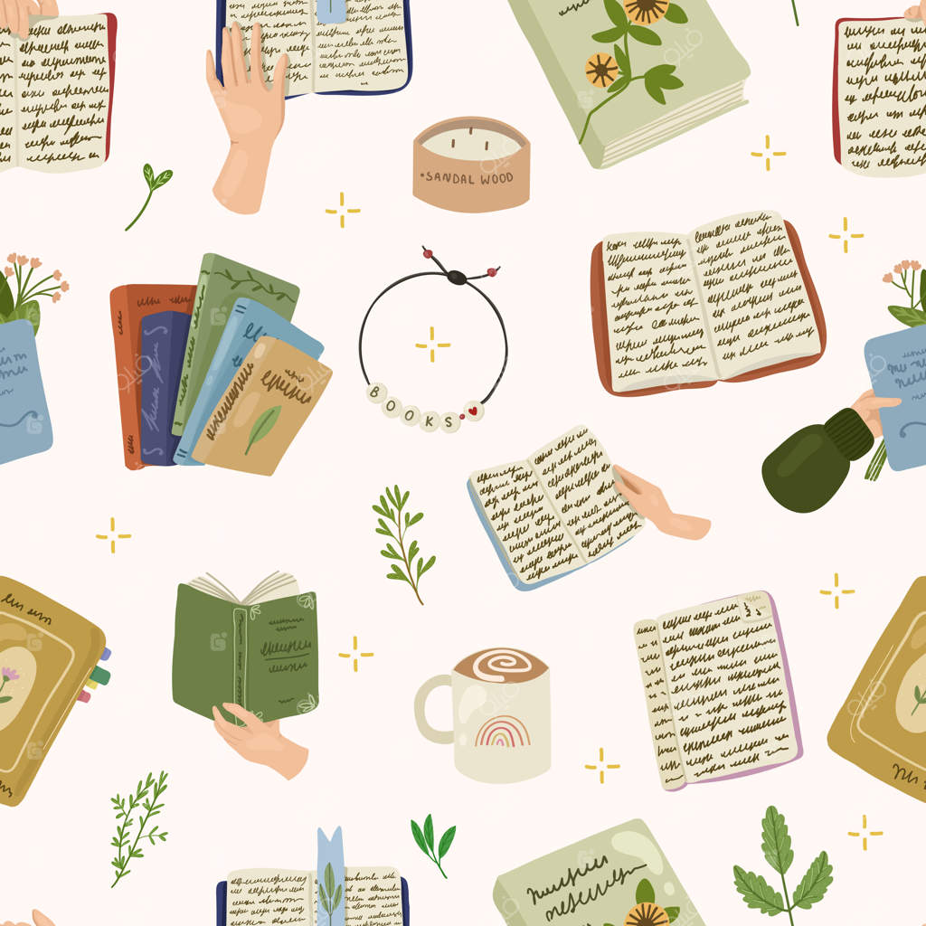 پترن یکپارچه کتاب‌های رنگی با برگ‌ها، شمع، قهوه و دست‌هایی که کتاب‌ها را نگه می‌دارند. تصویرسازی دستی خواندن.