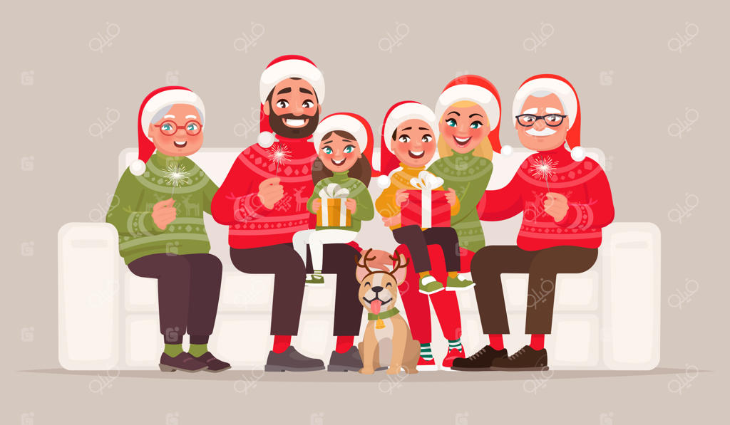 کریسمس مبارک و سال نو پر از شادی! خانواده بزرگ روی کاناپه در پس‌زمینه مجزا نشسته‌اند.