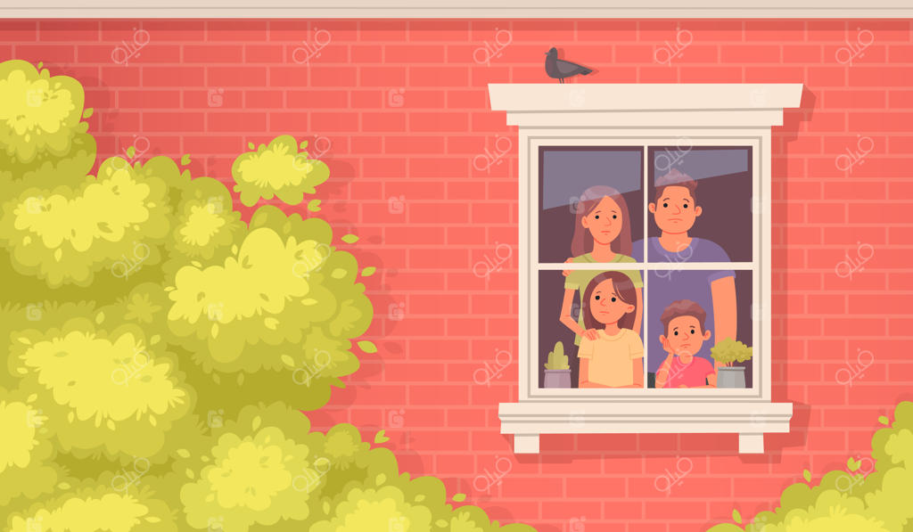 خانواده در قرنطینه: مادر، پدر، دختر و پسر با اندوه از پنجره خانه به بیرون نگاه می‌کنند. در خانه بمانید.