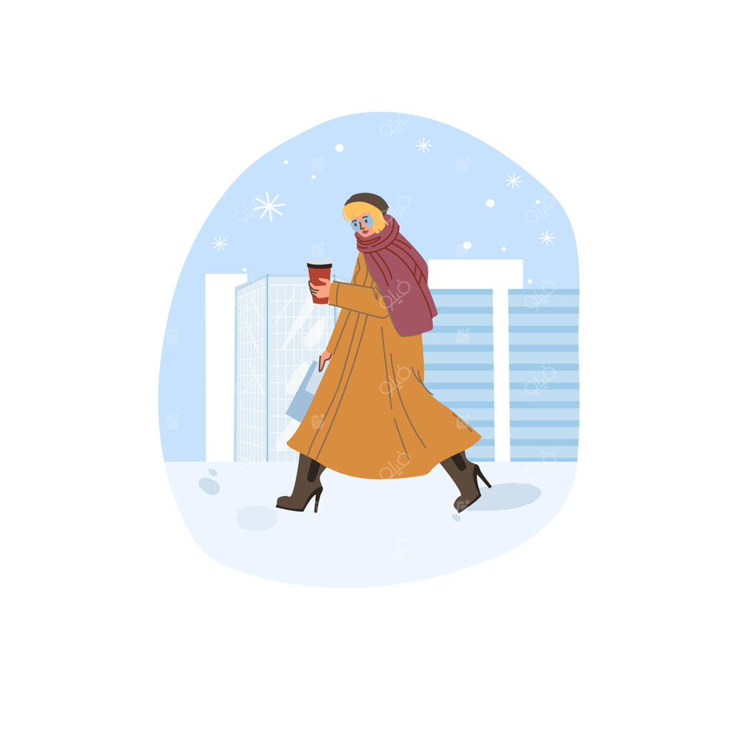 شخصیت کارتونی تخت در حال قدم زدن در برف زمستان با قهوه در دست