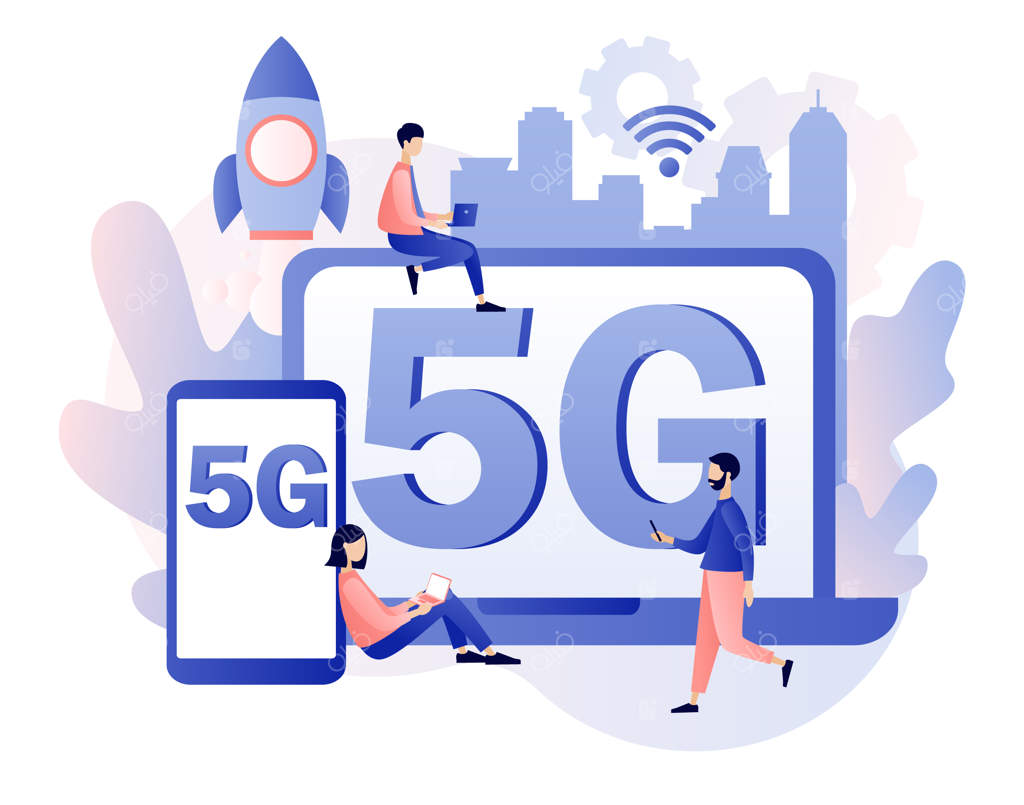 فناوری بی‌سیم شبکه 5G: افراد کوچک با ابزارهایی و نوشتهٔ 5G روی صفحه نمایش، سیم کارت