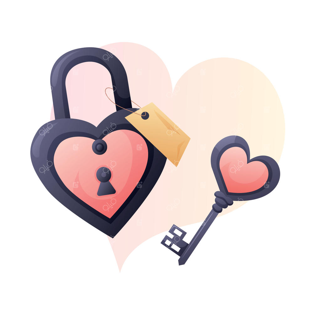 تصویر قفل و کلید قلبی به سبک کارتونی روی زمینه سفید
