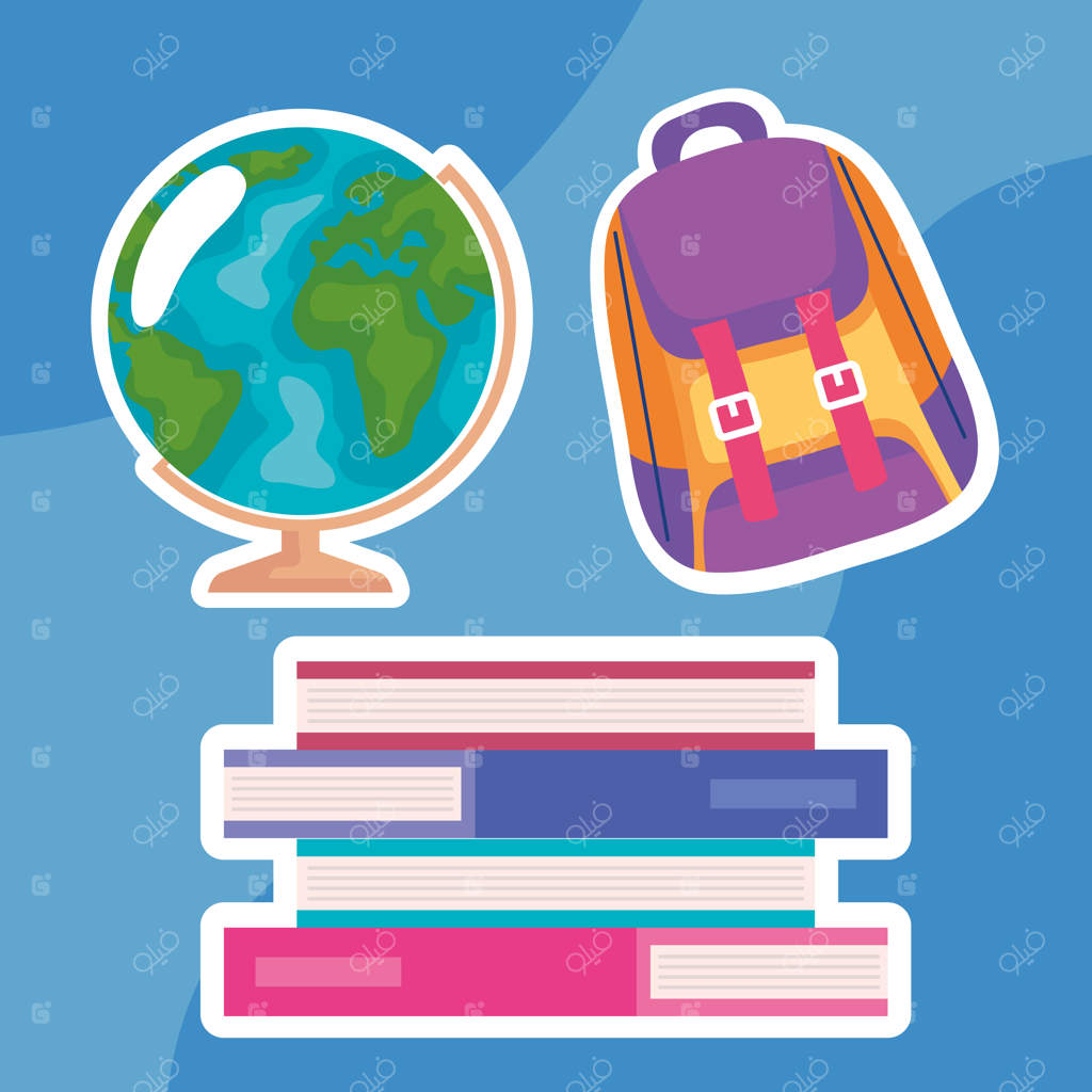 کیف مدرسه و کتاب‌ها با نقشه جهان