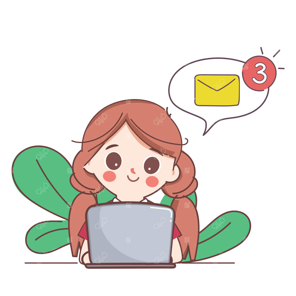 زنی در حال کار با لپ‌تاپ و بررسی صندوق ایمیل - طراحی کارتون بامزه