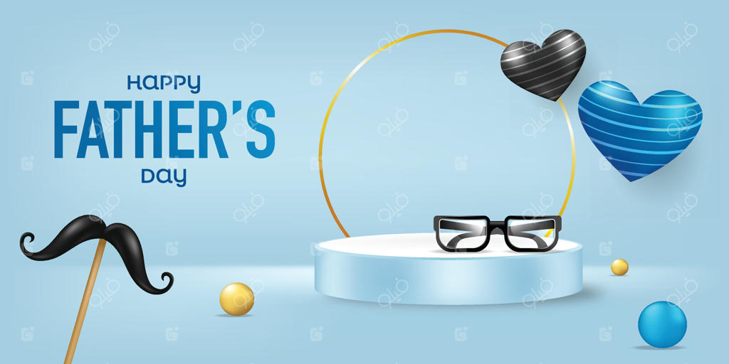 بنر نمایش محصولات روز پدر با سبیل، مروارید، عینک و قلب‌ها بر روی زمینه آبی