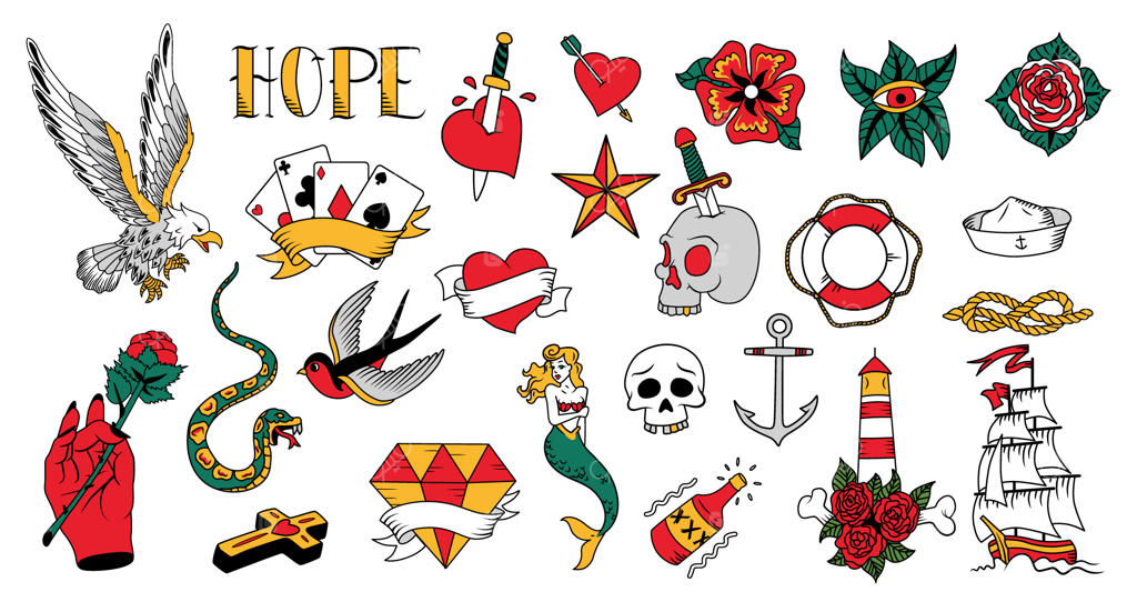 مجموعه قدیمی تتو، شامل المان‌های کوچک رنگارنگ با طرح جمجمه، مار، کشتی بادبانی، صلیب و قلب - تصویر وکتور
