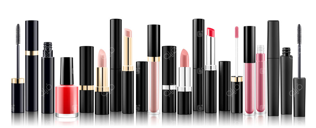 ست کامل لوازم آرایشی: رژ لب‌ها، برق لب‌ها، لاک‌ها و ریمل با زمینه سفید