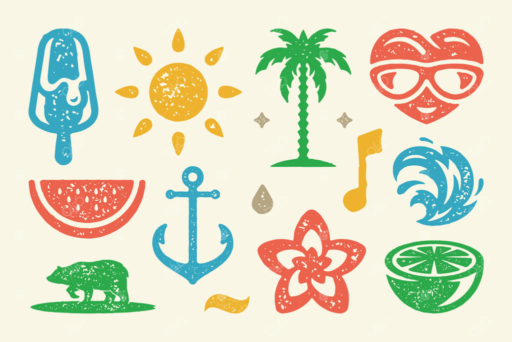 مجموعه نمادها و اشیای تابستانی - تصویرسازی قلب انتزاعی با عینک، موج دریا و برش میوه