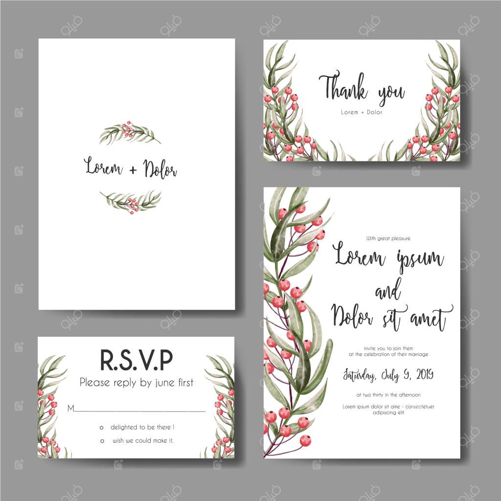 دعوتنامه عروسی با طرح برگ‌ها و گل‌های آبرنگی بهاری