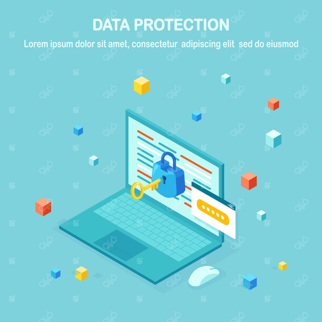 حفاظت از داده‌ها، امنیت اینترنت و دسترسی حریم خصوصی با رمز عبور: کامپیوتر و لپ‌تاپ ایزومتریک با کلید و قفل.