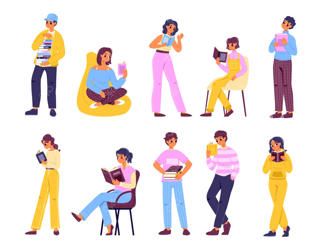 دانشجویان در حال نگه‌داشتن کتاب‌ها در دانشگاه: تنوع، مطالعه و سرگرمی در میان نوجوانان - تصویرسازی از گروهی از جوانان در کتابخانه یا کتاب‌فروشی