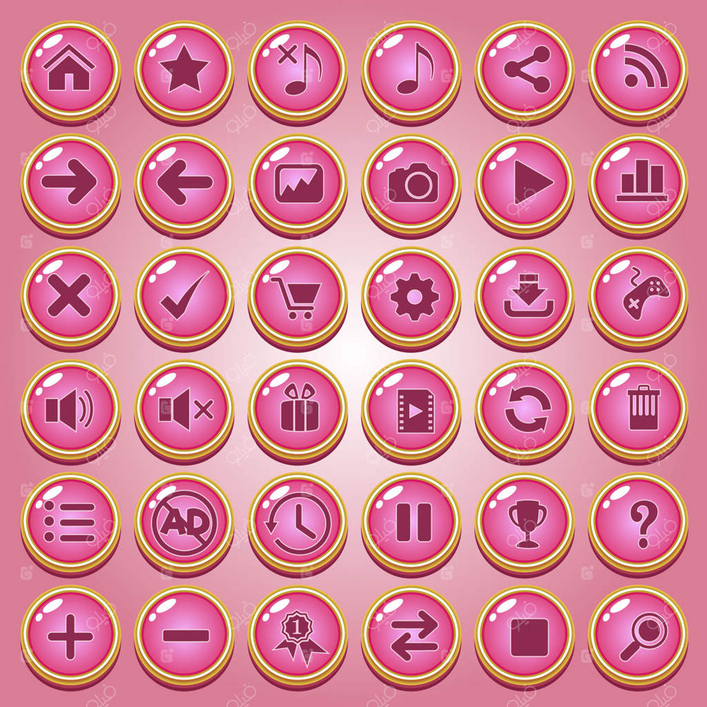 طراحی مجموعه آیکون دکمه‌ها با شکل‌های شیک و رنگ صورتی برای بازی.