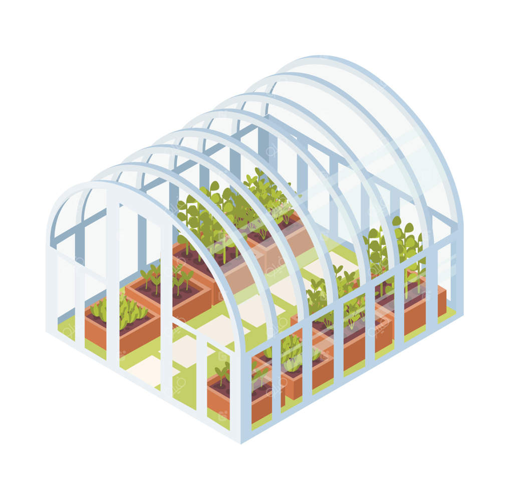 نشاهای سبز و گیاهان در حال رشد در گلخانه شیشه‌ای. گلخانه شیشه‌ای گنبدی ایزومتریک با باغچه‌های مخصوص باغبانی خانگی. تصویر به سبک تخت.