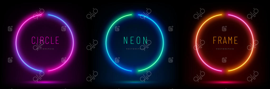 مجموعه‌ای از طراحی قاب‌های روشن در رنگ‌های آبی، بنفش-قرمز و سبز. پس‌زمینه‌ای دایره‌ای با رنگ‌های کیهانی و پویا. مجموعه‌ای از نورهای نئون درخشان بر روی پس‌زمینه‌ی تاریک با فضای خالی برای متن. نمای بالا به سبک آینده‌نگر.