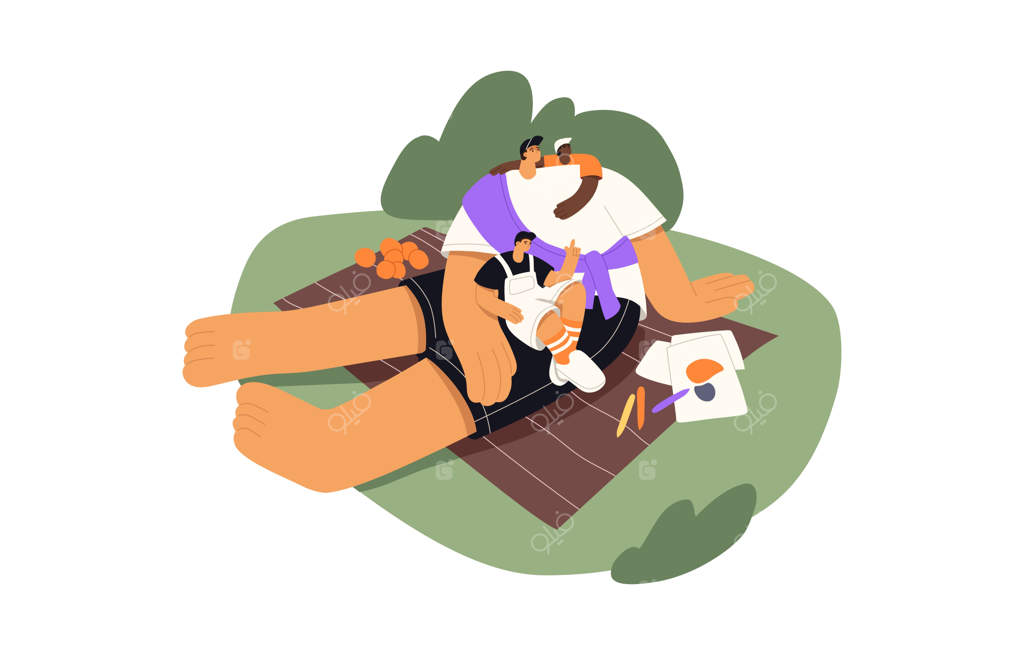 خانواده در حال استراحت روی پتو پیک‌نیک - پدر و فرزندان در حال نقاشی در طبیعت در تعطیلات تابستانی - ارتباط و همبستگی پدر و پسران - تصویر سازی برداری تخت از والدین و کودکان محتاط‌شده در پس‌زمینه سفید