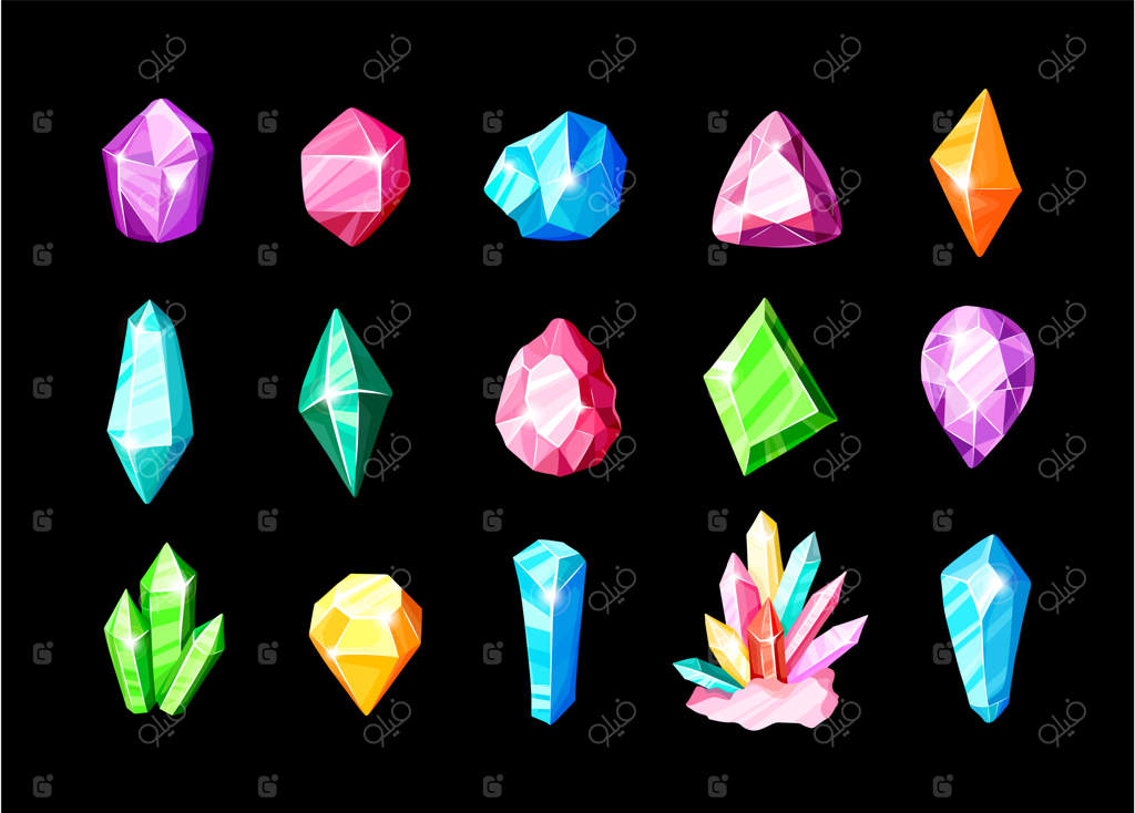 مجموعه آیکون - کریستال‌ها و جواهرات رنگارنگ آبی، طلایی، صورتی، بنفش و رنگین‌کمانی، مجموعه نمادها