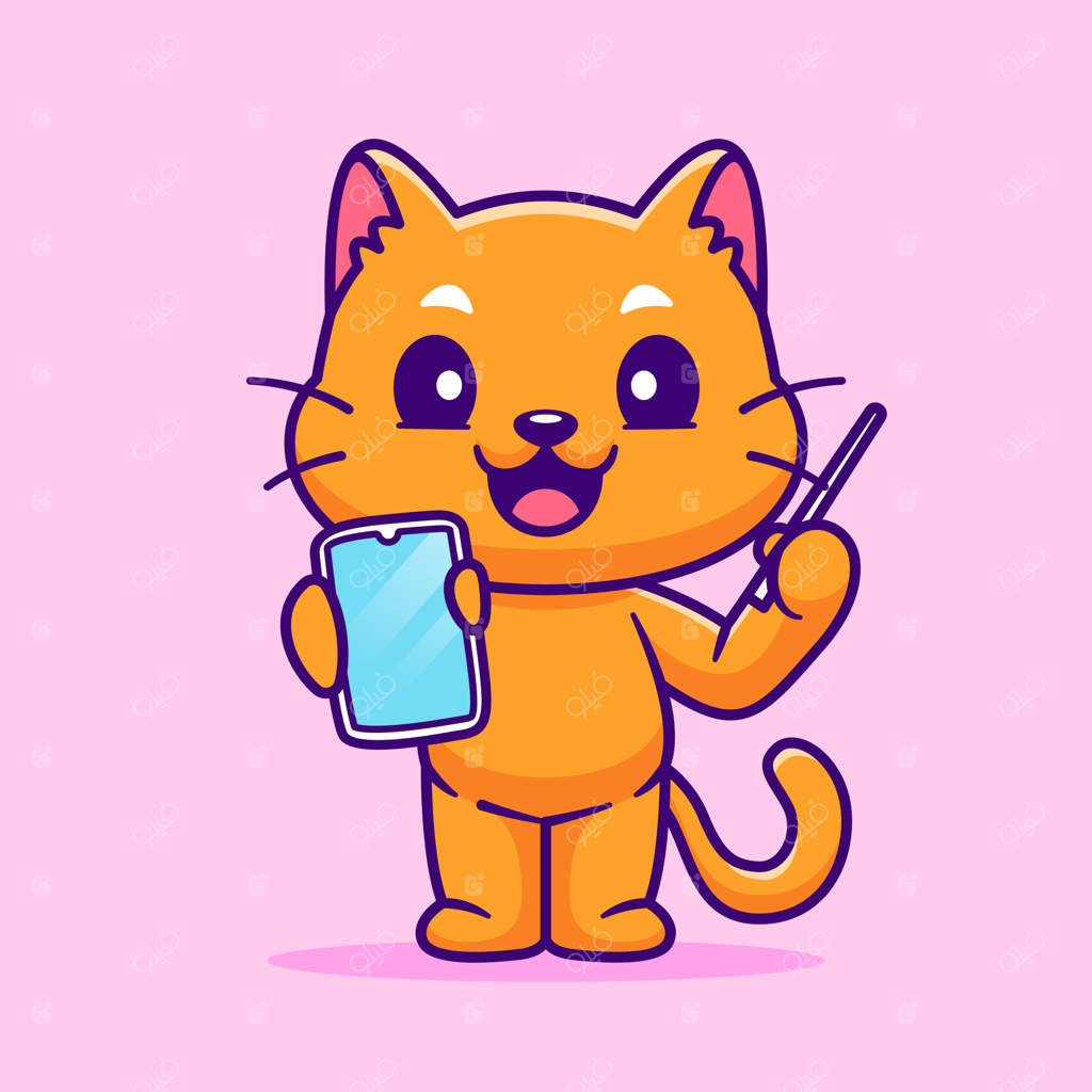 تصویر وکتور کارتونی گربه بامزه با تلفن و قلم. آیکون تکنولوژی حیوانات به صورت جداگانه