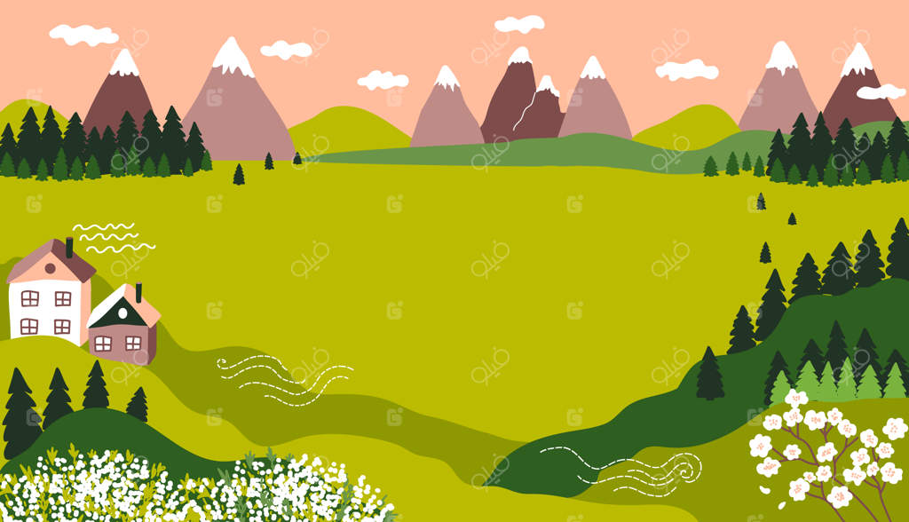 چشم‌انداز بهاری: کوه‌ها، تپه‌ها و چمنزارهای سبز، جنگل و خطوط. قاب و حاشیه وکتوری.