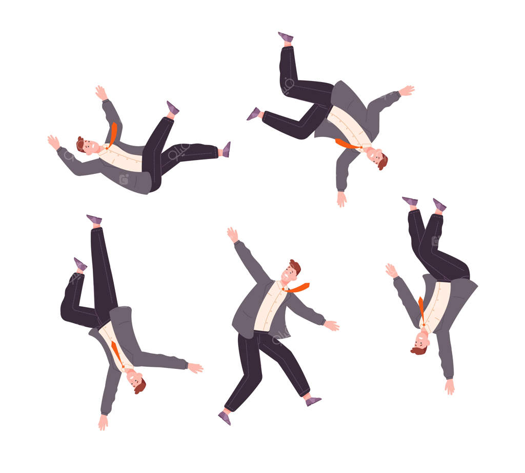 سقوط تاجر: ناامیدی کامل کارمند اداری افسرده با کت‌وشلوار در حال سقوط و شکست