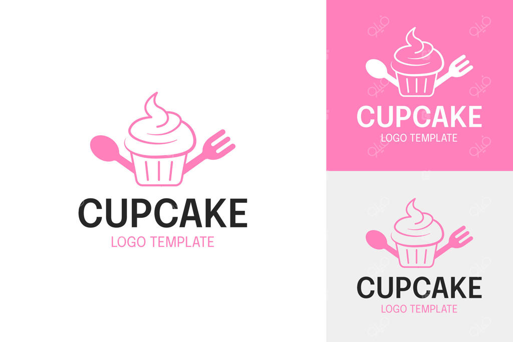 طراحی لوگوی شیرینی‌پزی کاپ‌کیک بامزه با چنگال و قاشق