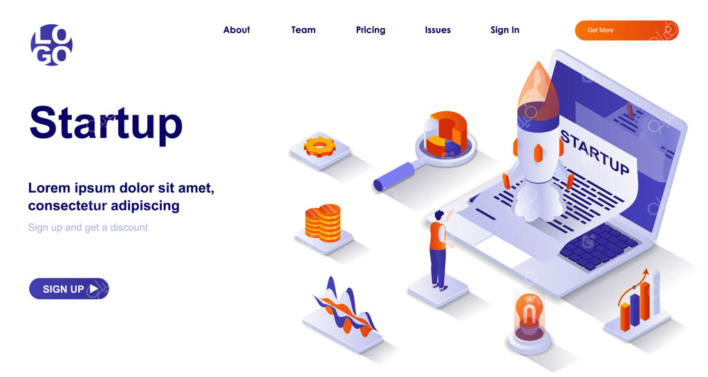 صفحه فرود ایزومتریک سه‌بعدی استارتاپ با شخصیت‌های انسانی