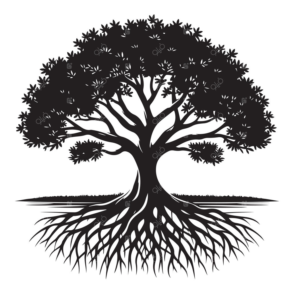 سیاه‌نمایی از درخت بزرگی با ریشه‌های گسترده و شاخ و برگ انبوه