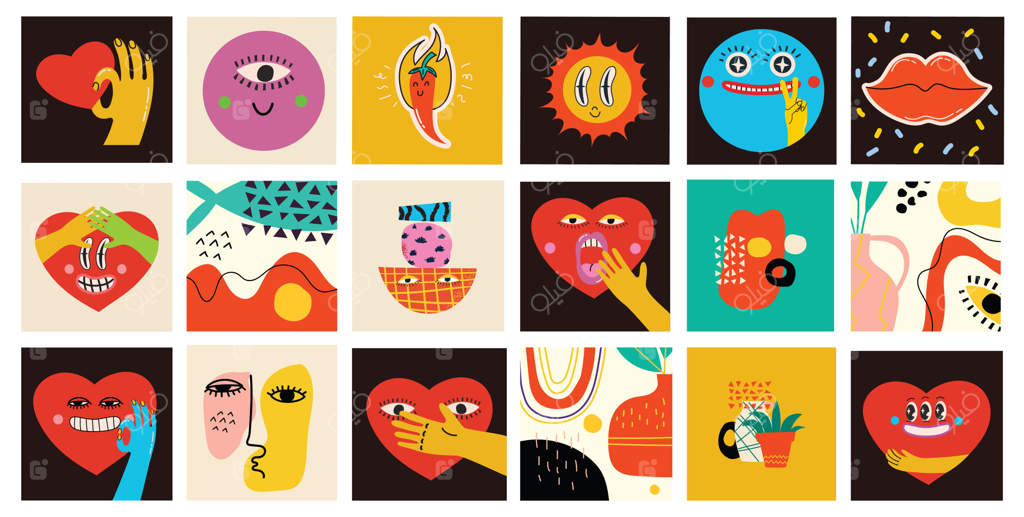 مجموعه بزرگی از تصاویر وکتور رنگارنگ برای پوسترها در طراحی مسطح کارتونی، اشکال انتزاعی و چهره‌های بامزه با بافت‌های مختلف و کاراکترهای خنده‌دار نقاشی شده با دست