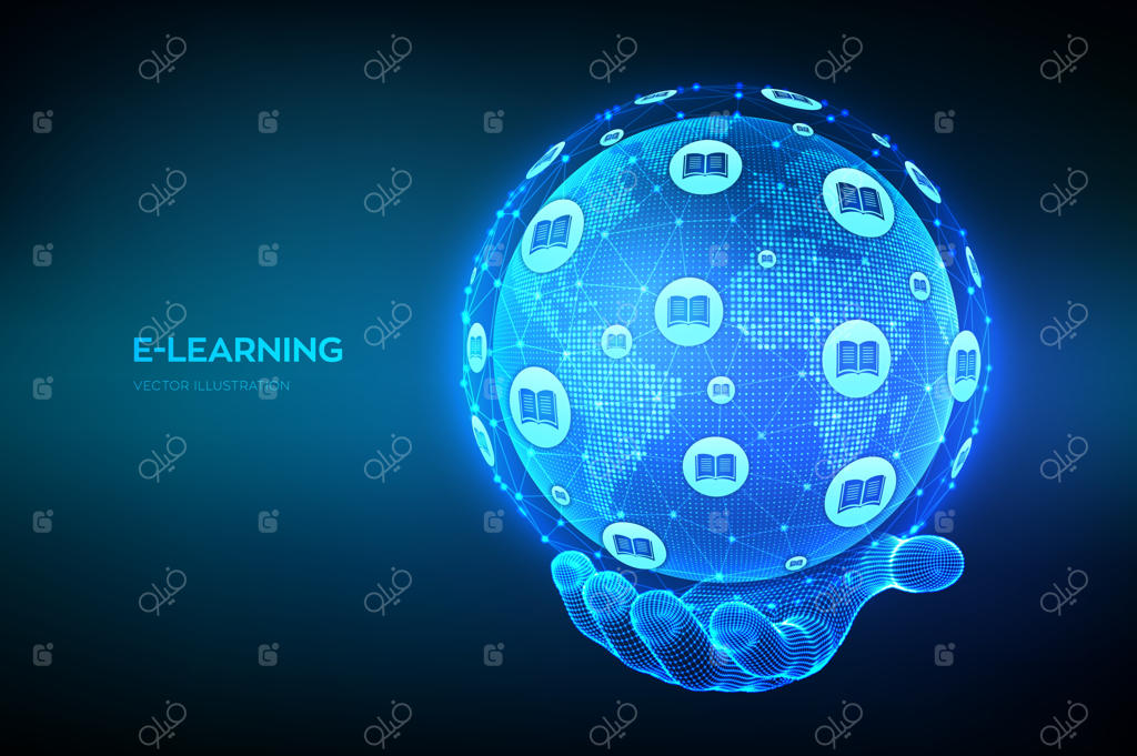 آموزش الکترونیک: مفهوم فناوری آموزشی نوآورانه آنلاین. ترکیب نقشه جهان و خطوط ارتباطی. کره زمین در دست. وبینار، دوره‌های آنلاین آموزشی. توسعه مهارت‌ها.