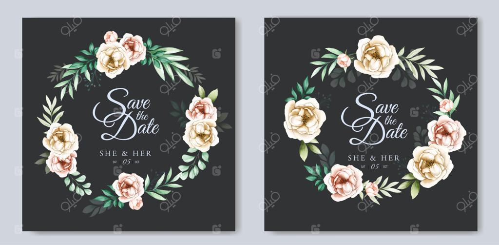 طراحی کارت عروسی با گل‌ها و برگ‌های آبرنگی