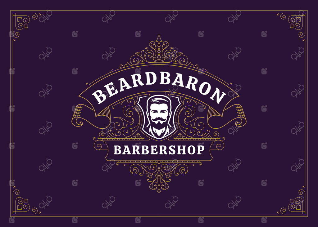 الگوی طراحی لوگوی آرایشگاه با پرتره مرد و روبان طلایی لوکس