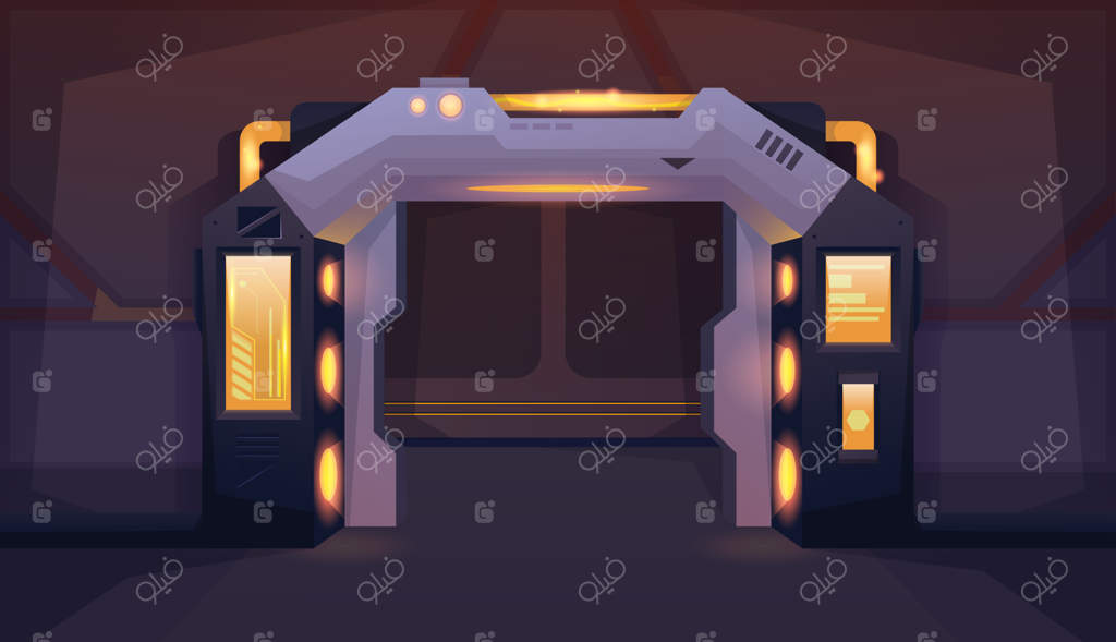 راهروی فضاپیما با در باز و پس‌زمینه چراغ زرد برای بازی‌ها و اپلیکیشن‌های موبایل