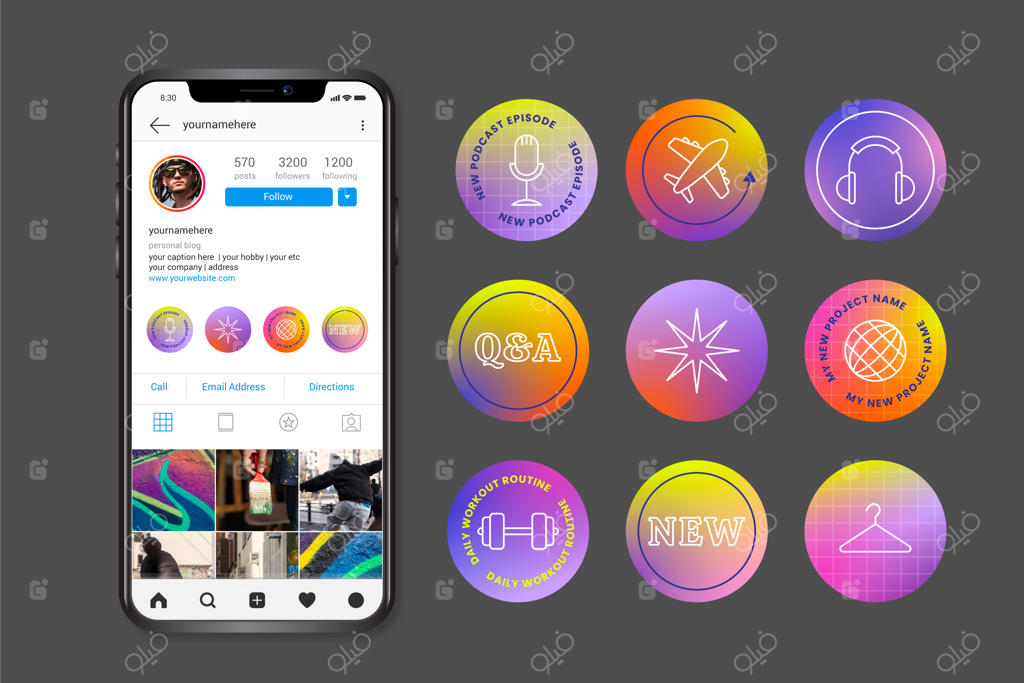 مجموعه طراحی آیکون‌های استوری هایلایت اینستاگرام با گرادینت