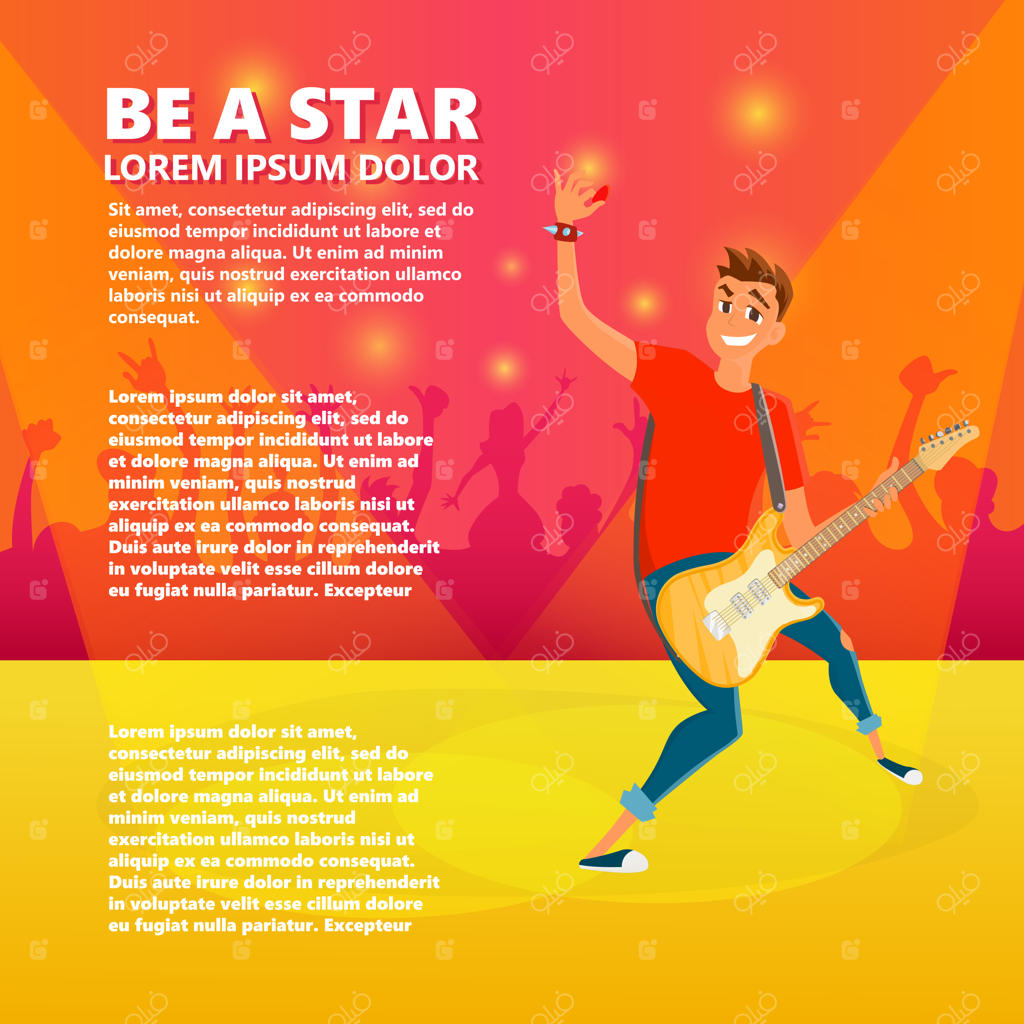 نوازنده گیتار الکتریک کارتونی؛ گیتاریست نوجوان دست بالا می‌برد. تصویرسازی وکتور از جوانی با گیتار.