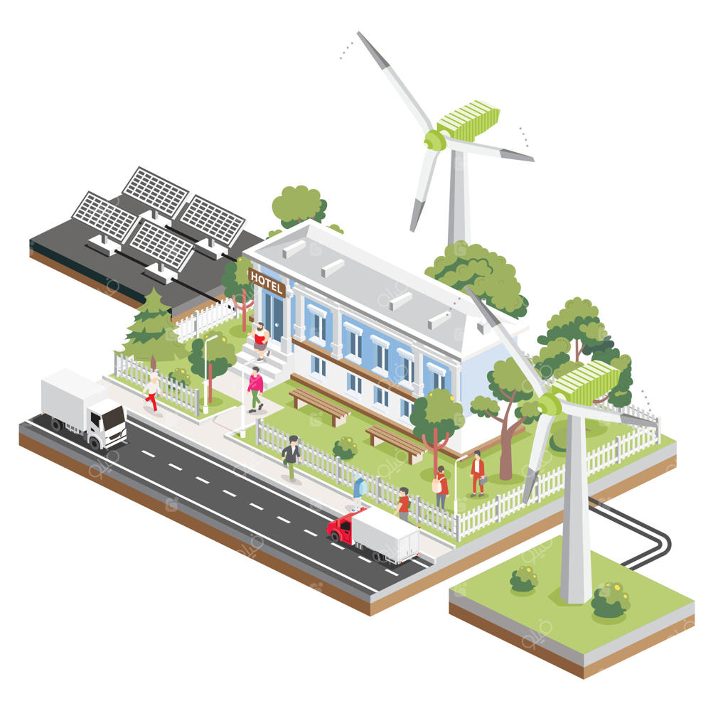 هتلی ایزومتریک به سبک کلاسیک با ستون‌ها. پنل‌های خورشیدی و توربین‌های بادی. نمای ساختمان هتل کوچک. درختان و نیمکت‌ها. حفاظت از محیط زیست. انرژی پایدار.