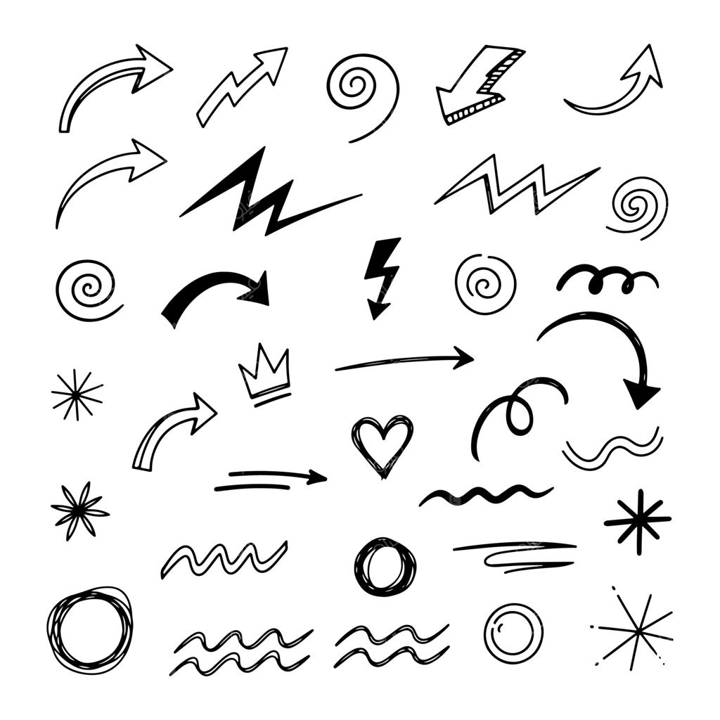 مجموعه ای از آیکون های فلش، رعد و برق و قلب به صورت دست کشیده. عناصر طراحی دستی.