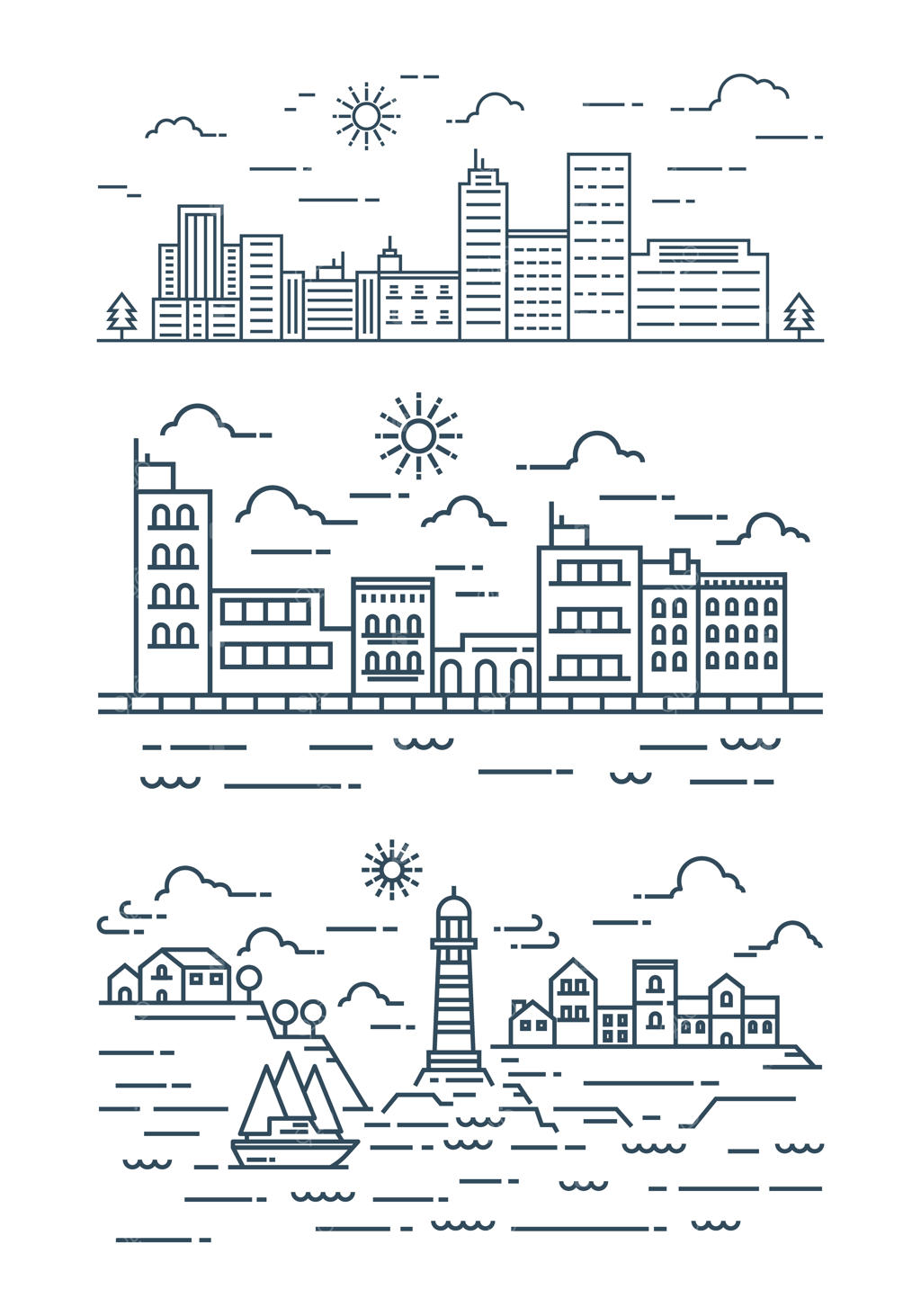 منظره شهری به سبک مدرن و مسطح: مجموعه‌ای از منظره‌های شهری با خطوط نازک. تصویرسازی.