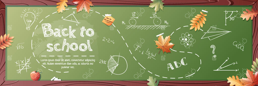 قالب بنر با تخته سیاه مدرسه، برگ‌های پاییزی و نوشته‌های گچی: بازگشت به مدرسه، روز دانش. مناسب برای بنر، پوستر، بروشور، پس‌زمینه و غیره.