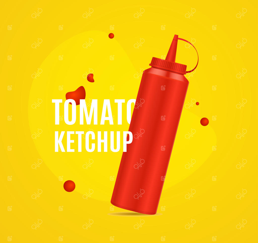 پوستر تبلیغاتی ۳ بعدی واقعی با طراحی دقیق: بطری قرمز سس کچاپ، وکتور