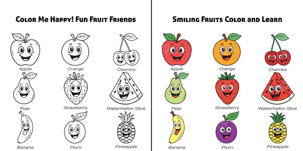 میوه‌های کارتونی بامزه با چهره‌های خندان - نسخه‌های سیاه و سفید و رنگی - سبک کتاب رنگ‌آمیزی کودکان