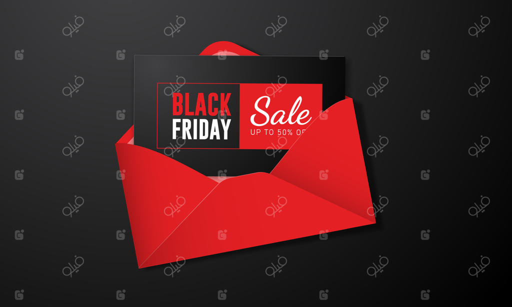 بنر خلاقانه حراج جمعه سیاه با تخفیف تا ۵۰٪ با برچسب قرمز قیمت و متن حراج بر روی پس‌زمینه سیاه مجزا