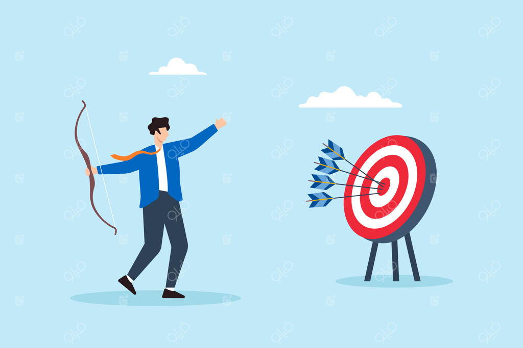 تصویر ساده از تاجری مطمئن که چندین تیر را به هدف می‌زند برای دقت و موفقیت در تجارت