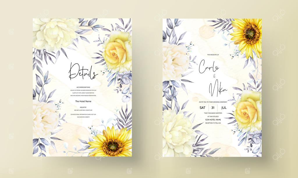 کارت دعوت عروسی شیک با طراحی گل آبرنگی